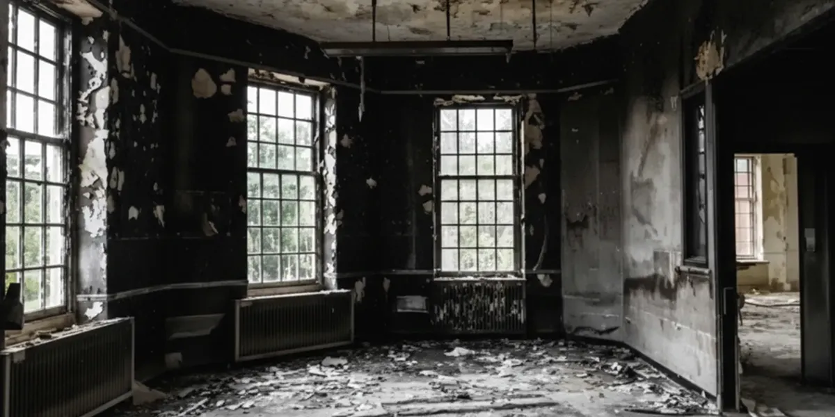 fire damage repair addressing severe interior damage and smoke residue inside a burned home in Long Beach, CA