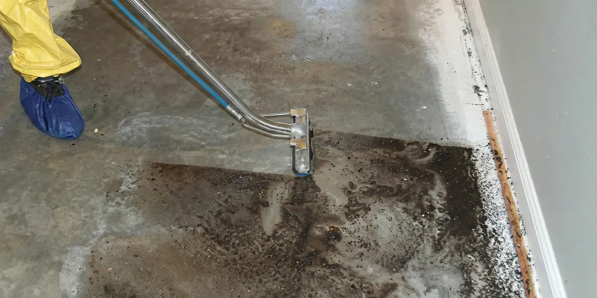 sewage removal technicians extracting contaminated wastewater from a residential floor in Long Beach, CA